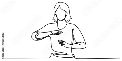 A continuous line drawing of a person performing a mindful meditation exercise with calm hands.