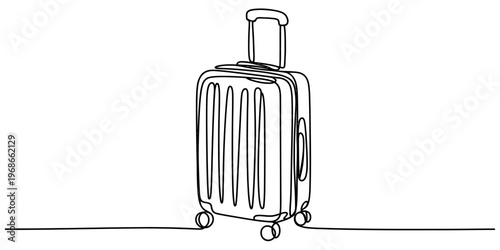 A single continuous line drawing of a rolling suitcase for travel on a plain white background.