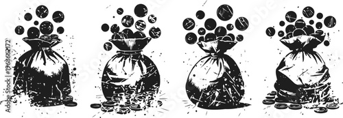 vintage black ink illustrations of money bags with floating coins, wealth and savings concept