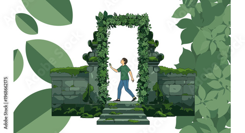 Man Entering Ancient Stone Archway Covered in Greenery