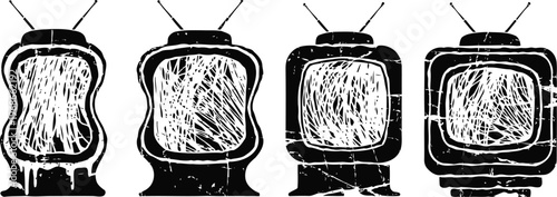 set of four vintage retro televisions with antennas in black and white silhouette