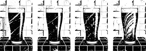 four dark beer glasses lined up on wooden bar counter with frothy tops and different fill levels