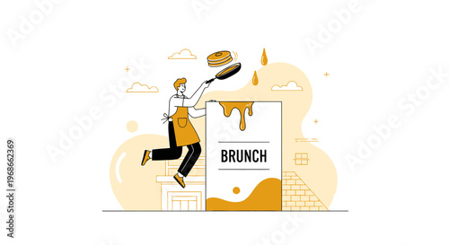 Man Flipping Pancakes for Brunch, Cartoon Style Illustration