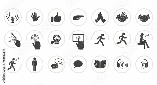 Collection of Communication and Interaction Icons on White Background.