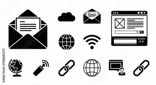 Collection of communication and networking icons in black silhouette.