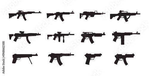 Military assault rifle silhouettes set featuring modern firearms for tactical design and defense graphics.
