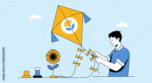 Man Flying Kite with Sunflower and Clouds - Flat Illustration