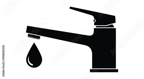 A sleek modern bathroom faucet with a single water droplet presented as a stark black silhouette high quality professional detailed elegant