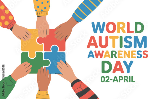 World Autism Awareness Day Vector Illustration Featuring Diverse Hands Holding Colorful Puzzle Pieces Together on White Background for April Second Celebration