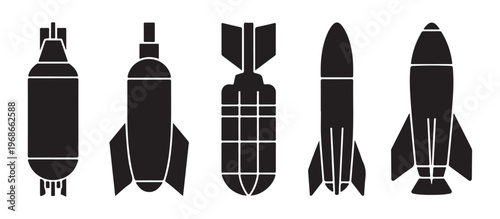 Explosive bomb and missile icons in silhouette style for military conflict and industrial defense symbols.