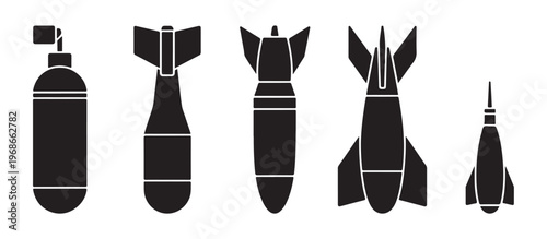 Assorted military bomb and rocket silhouettes representing defense industry and modern tactical equipment.