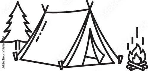 Black and white line of camping essentials and tent setup