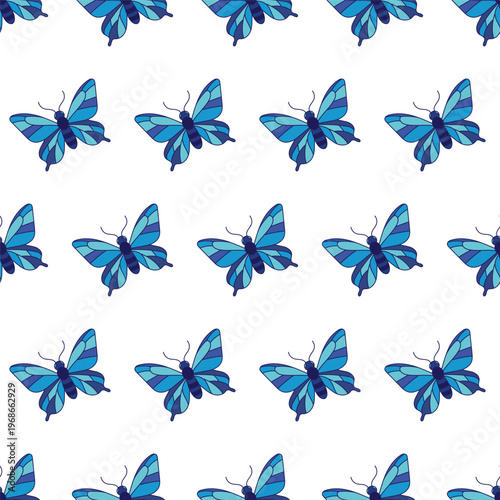 Blue butterflies on a white background create a simple repeating pattern commonly used in design projects and textiles for decoration
