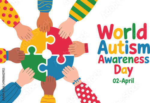 World Autism Awareness Day Vector Illustration Featuring Diverse Hands Holding Colorful Puzzle Pieces Together on White Background for April Second Celebration