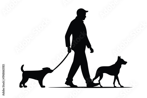 man walking with dog silhouette line art vector illustration with a white background