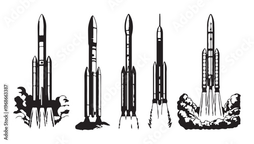 Collection of launching rockets, space shuttles taking off with smoke and flames, space exploration vector set.