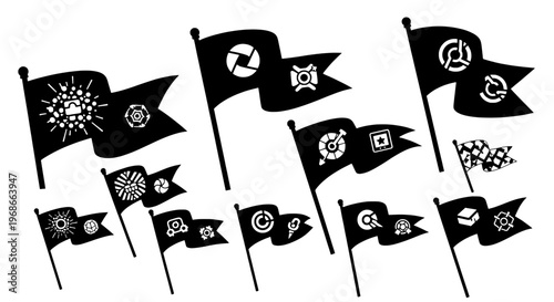 Flags black with various white symbols and patterns on surface featuring flag set, banner set, design elements with graphic design and vector
