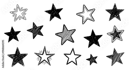 Stars doodle drawn set with black and white illustrations and various line textures and styles featuring vector, graphic, icons with symbols and star