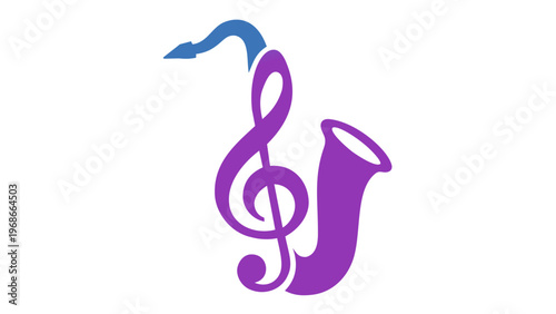 Modern vector icon illustration of a stylized saxophone combined with a treble clef musical note, featuring a vibrant blue and purple gradient design for jazz, blues, music apps, and playlists.