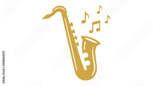 Elegant gold saxophone vector icon illustration with floating musical notes, minimalist flat design for jazz music, playlist, concert, and entertainment themes, scalable AI-generated graphic.