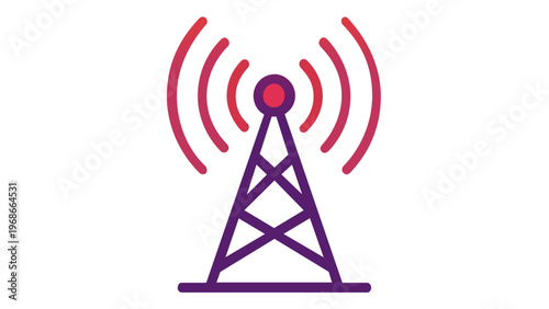 Vibrant gradient radio tower vector icon illustration with signal waves, representing telecommunications, broadcasting, wireless connectivity, and network transmission on a white background.