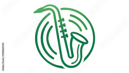Green gradient saxophone vector icon illustration featuring sound waves within a circular frame. Minimalist flat design perfect for music playlists, jazz festivals, or audio app interfaces.
