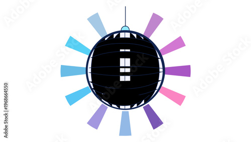 Vibrant disco ball vector icon with colorful light rays, minimalist flat illustration for nightlife, party, and music entertainment themes, scalable AI-generated graphic on white background.