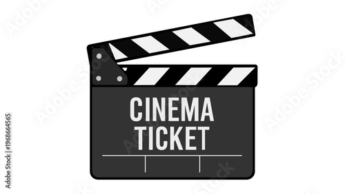 Professional vector illustration of a black and white movie clapperboard with the text Cinema Ticket. Minimalist flat icon design for film industry, theater entry, and media production concepts.