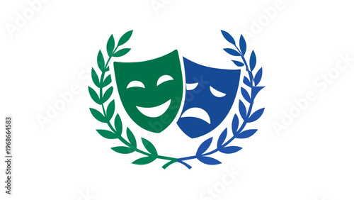 Theater Comedy and Tragedy Masks Vector Icon Illustration with Laurel Wreath, Professional Drama and Performance Arts Symbol, Minimalist Green and Blue Gradient Design, AI-Generated Graphic.