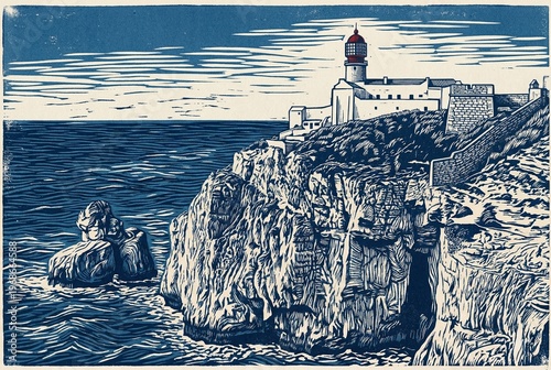 Two-color linocut of the Lighthouse of Cabo de Sao Vicente (Farol do Cabo de Sao Vicente) on steep cliffs in Sagres, Algarve region, Portugal.
