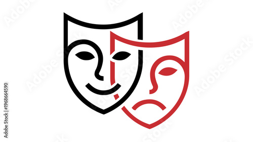 Minimalist vector illustration of comedy and tragedy theater masks in black and red line art. Scalable icon representing drama, performance, stage acting, entertainment, and human emotions.