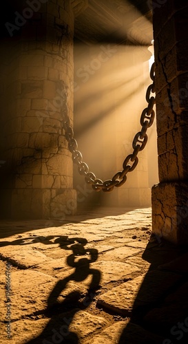 Broken Chain on Stone Floor with Light.