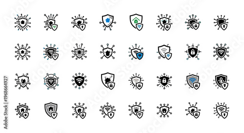 Cybersecurity and Data Protection Icon Set, Virus and Shield Security Symbols on Isolated White Background