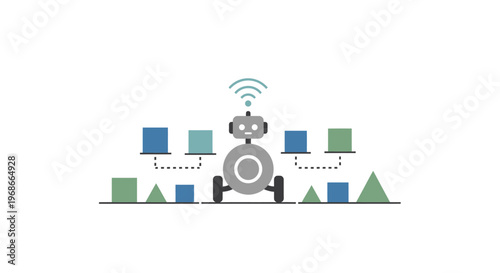 Robot with Wireless Connectivity and Data Flow, AI Automation Process on Isolated White Background