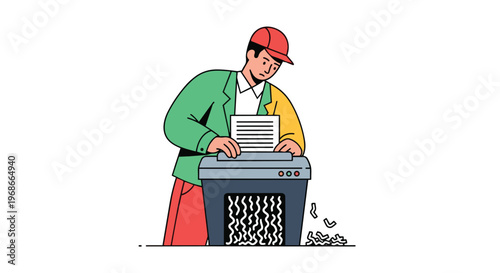 Man shredding confidential documents in an office paper shredder