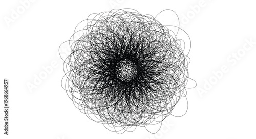 Complex abstract black scribble forming a dense sphere of tangled lines against a clean white background for artistic use.