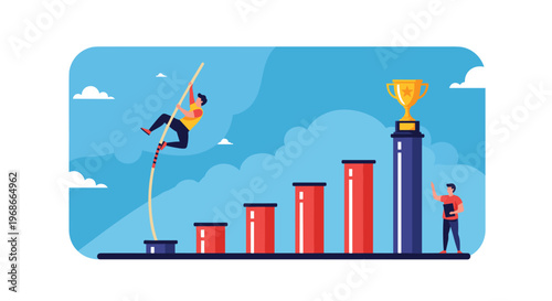Determined business professional pole vaulting over a bar on a bar chart toward a golden trophy to reach his high success goals.