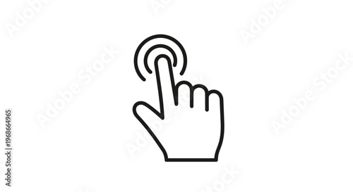 Simple black outline icon of a human hand with the index finger touching a circular button representing digital interaction.