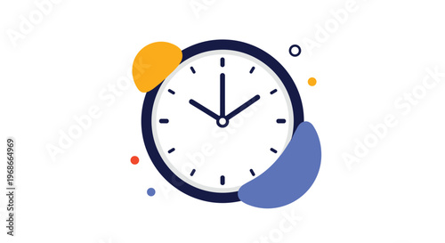 Modern minimalist clock icon with a dark blue frame and colorful abstract shapes representing time management and scheduling.