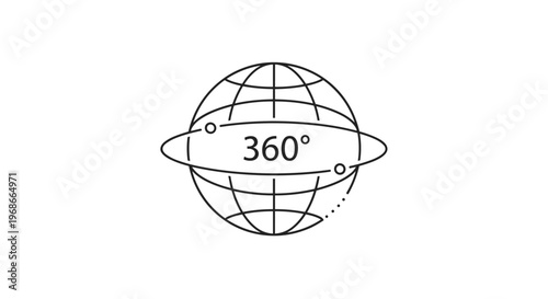 Three hundred sixty degree panoramic view icon showing a globe with a rotating ring representing immersive virtual reality.