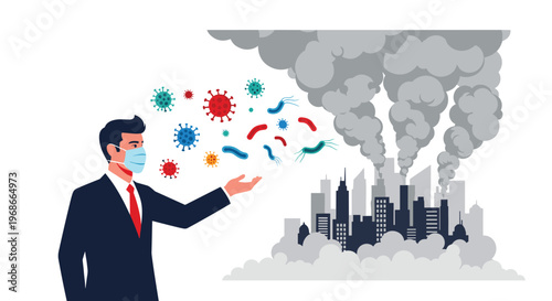 Businessman wearing a medical mask near a polluted city while virus particles and bacteria float in the surrounding air.