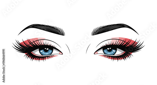 Close-up artistic illustration of beautiful female eyes with long lashes and pink eyeshadow makeup in a stylish comic art style.