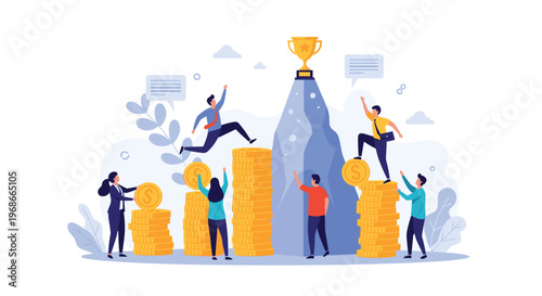 Financial success and teamwork concept showing people climbing stacks of gold coins and a rocky mountain toward a trophy.