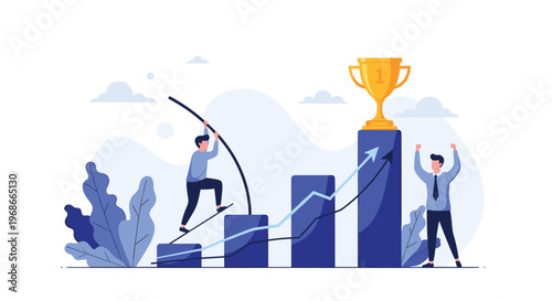 Success and achievement concept with a businessman pole vaulting over growth charts toward a golden trophy cup.