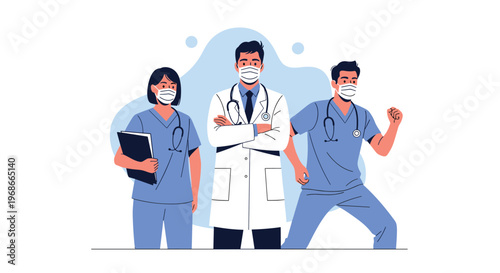 Medical team of three healthcare professionals wearing face masks and scrubs ready for work in a clinic or hospital.
