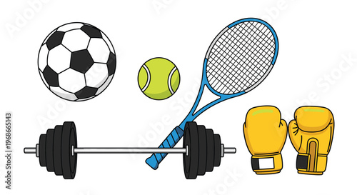Collection of various sports equipment including a soccer ball tennis racket and ball barbell and boxing gloves.