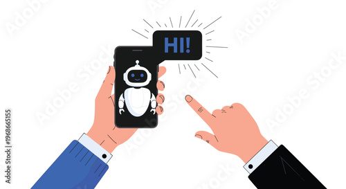 Digital assistant concept with hands holding a smartphone showing a friendly robot chatbot saying hi on the screen.