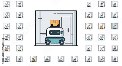 a robot standing in front of a door with many other robots.