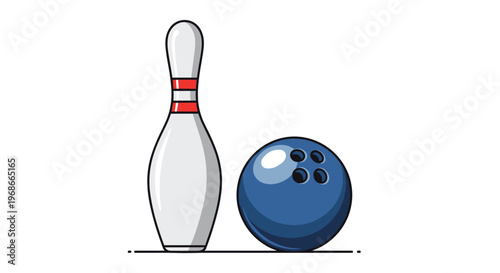 Bowling equipment showing a single white bowling pin with red stripes next to a blue bowling ball with four holes.