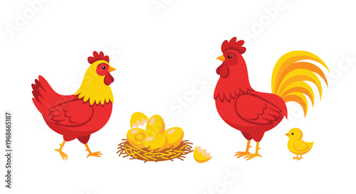 Farm family illustration with a red hen a rooster a nest full of golden eggs and a cute yellow baby chick.